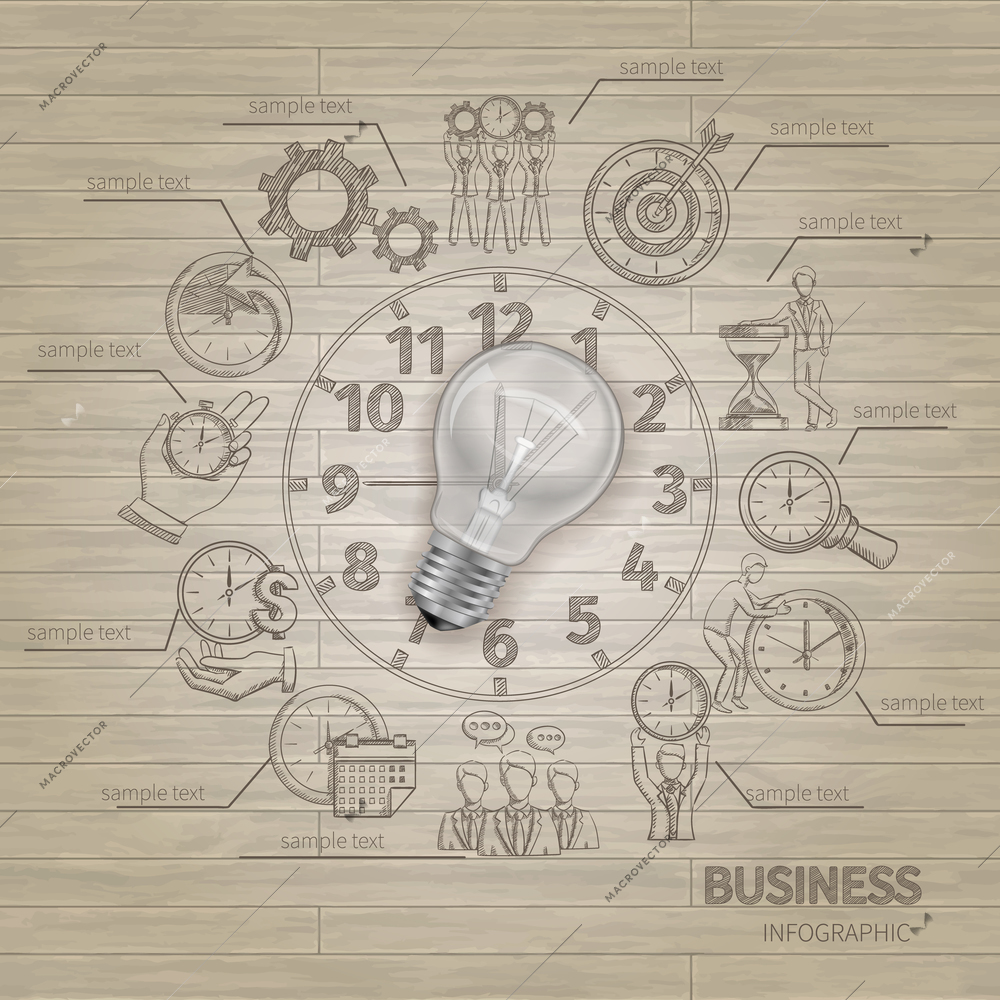 Time management infographics with sketch symbols in clock shape and realistic lightbulb vector illustration