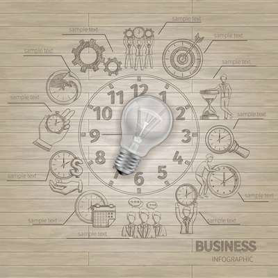 Time management infographics with sketch symbols in clock shape and realistic lightbulb vector illustration