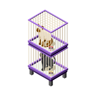 Animal shelter isometric icon with cats in cages 3d vector illustration