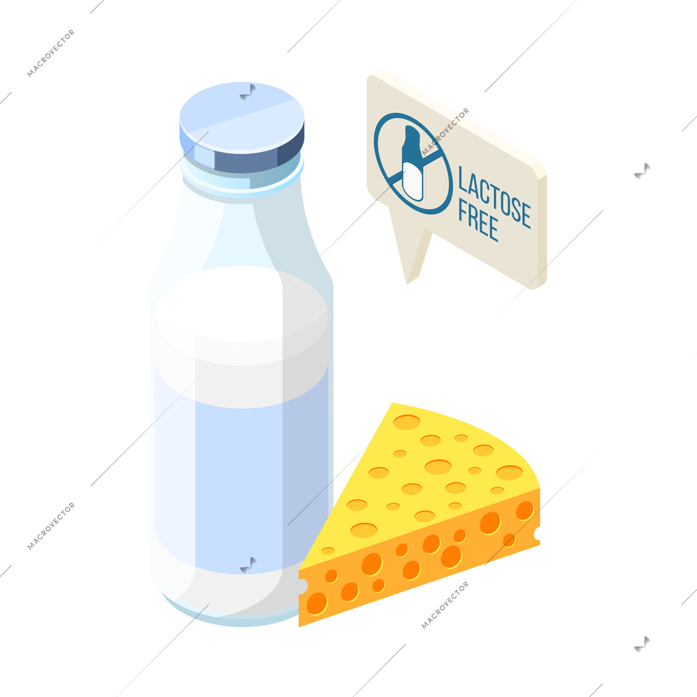 Lactose free dairy products isometric icon with bottle of milk and piece of cheese 3d vector illustration