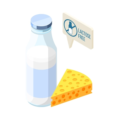 Lactose free dairy products isometric icon with bottle of milk and piece of cheese 3d vector illustration