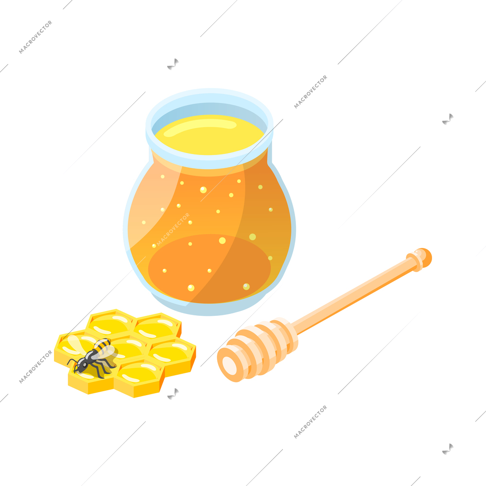 Honey isometric icon with glass jar bee wooden dipper and honeycomb vector illustration