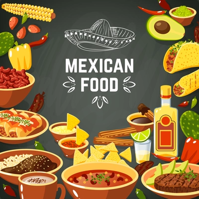 Mexican food background with traditional spicy meal and chalkboard hat vector illustration