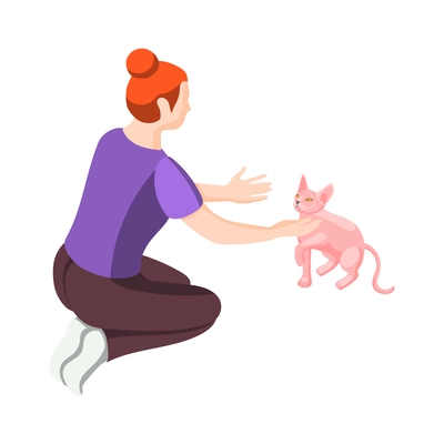 Animal care volunteering isometric icon with woman and sphinx cat vector illustration