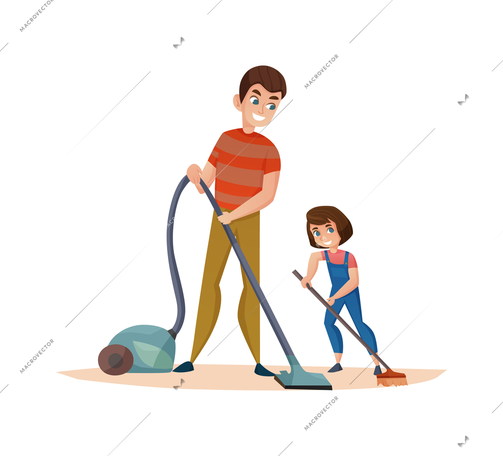 Fatherhood flat concept with dad and daughter cleaning room together vector illustration