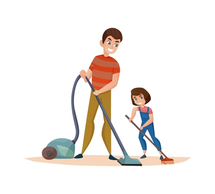 Fatherhood flat concept with dad and daughter cleaning room together vector illustration