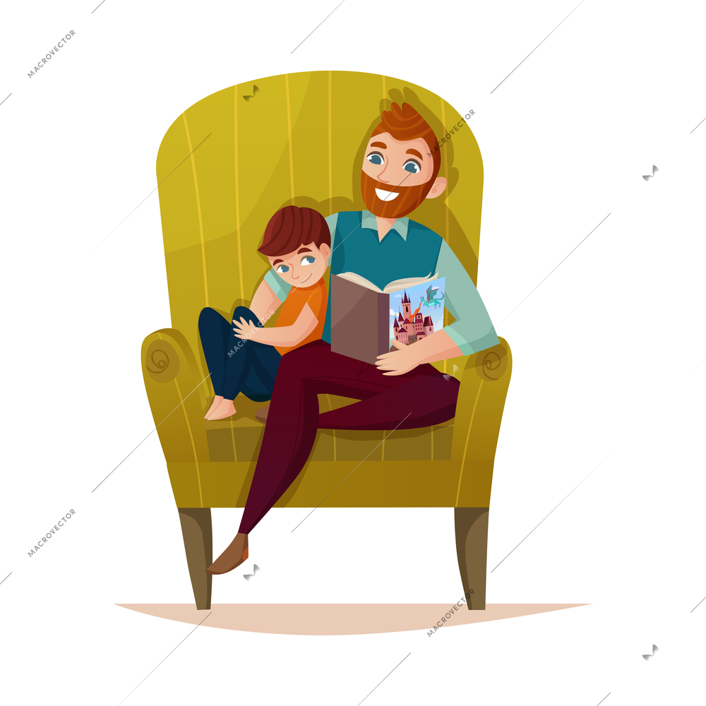 Fatherhood flat concept with dad reading book to little son vector illustration