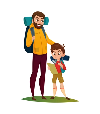 Fatherhood flat concept with dad going hiking together with little son vector illustration