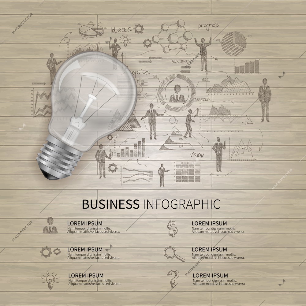 Business infographics set with sketch people charts and realistic lightbulb vector illustration