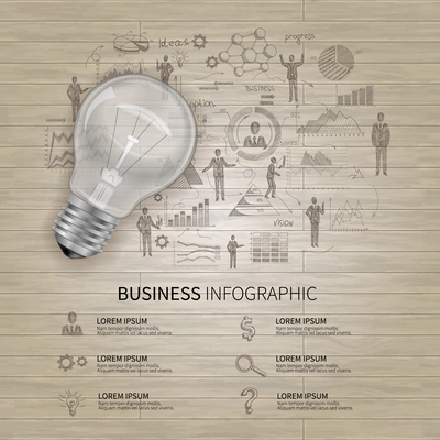 Business infographics set with sketch people charts and realistic lightbulb vector illustration