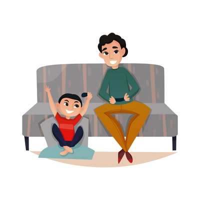 Fatherhood flat concept with dad and little son playing together vector illustration