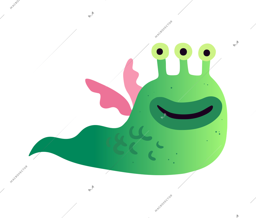 Flat cute funny green slug monster with wings and three eyes vector illustration