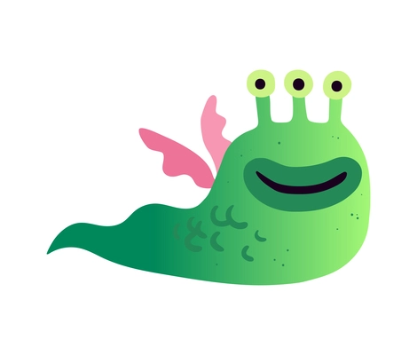 Flat cute funny green slug monster with wings and three eyes vector illustration