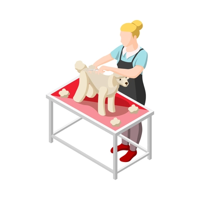 Female groomer grooming dog at pet salon isometric icon vector illustration