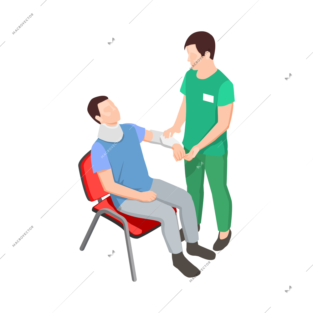 Doctor helping patient during physiotherapy and rehabilitation procedures isometric icon vector illustration