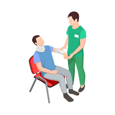 Doctor helping patient during physiotherapy and rehabilitation procedures isometric icon vector illustration