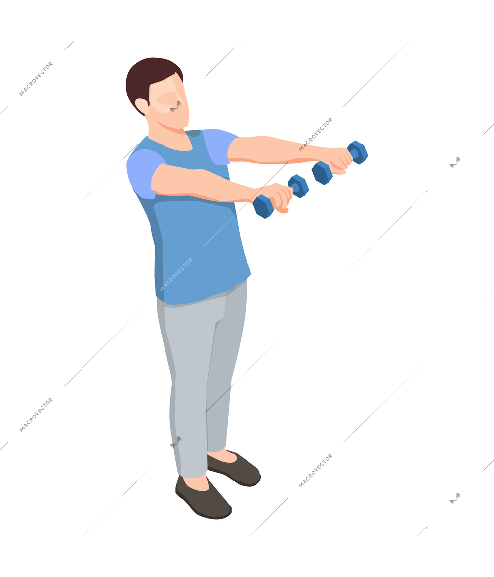 Man during physiotherapy and rehabilitation procedures doing exercises with barbells isometric icon vector illustration