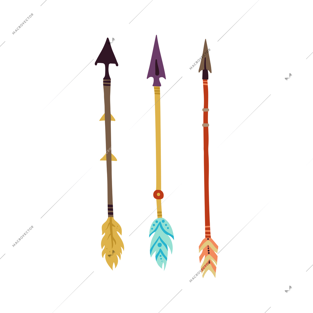 Three arrows with feathers boho style decorative elements flat vector illustration