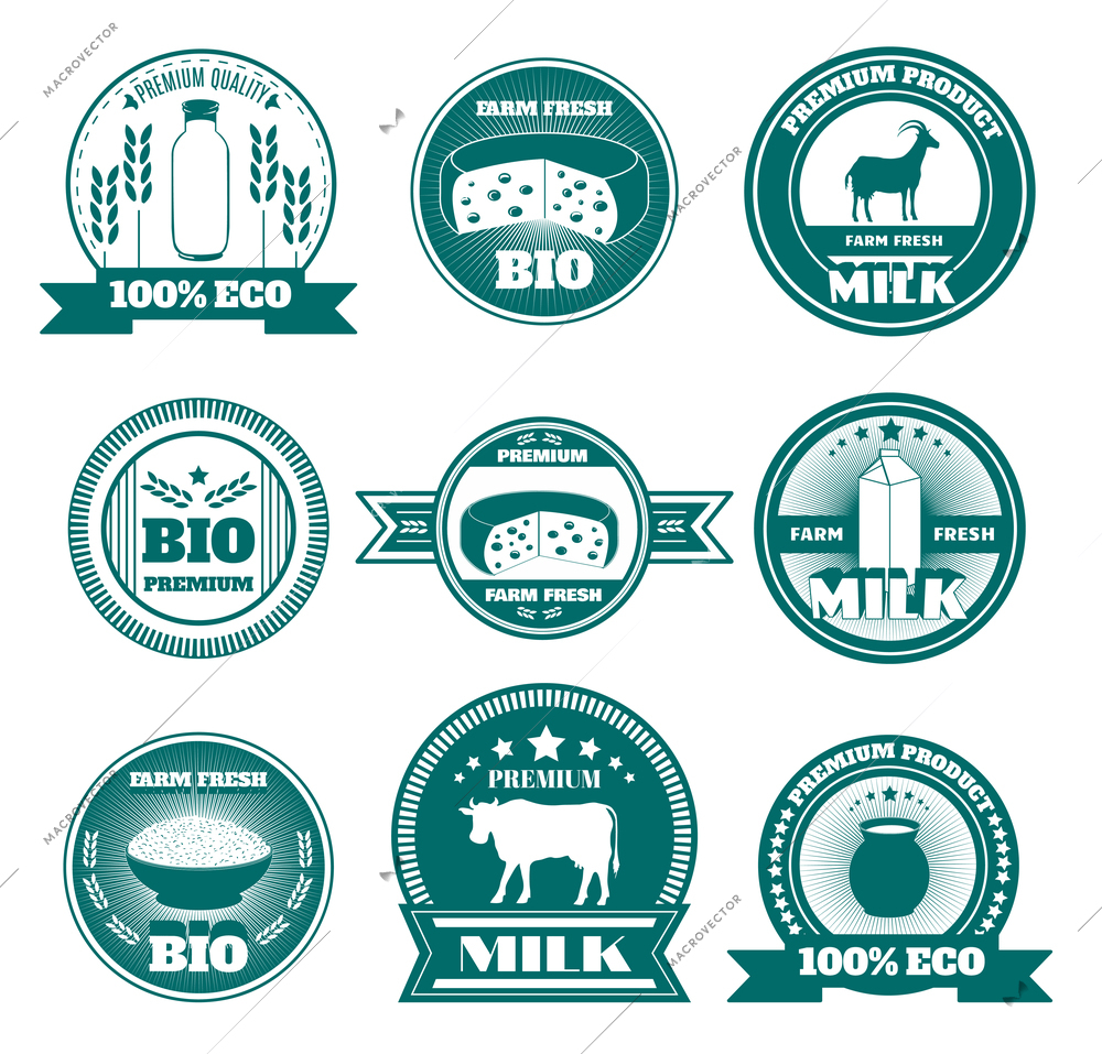 Eco friendly dairy farm emblems set with organic cottage cheese and fresh milk abstract isolated vector illustration