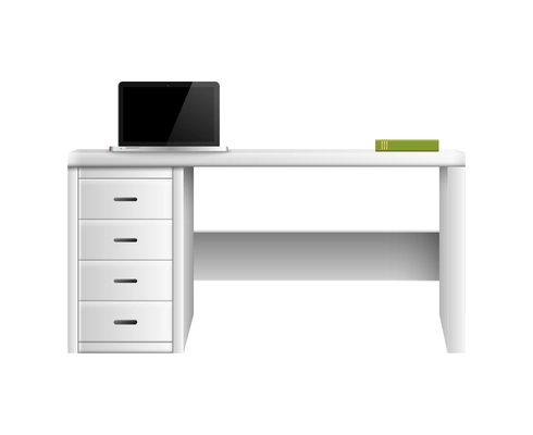 White desk with drawers and laptop realistic vector illustration