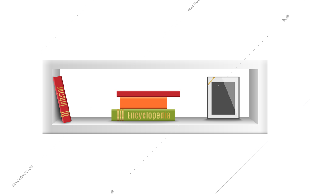 White wooden shelf with books and photo frame for teen room interior realistic vector illustration