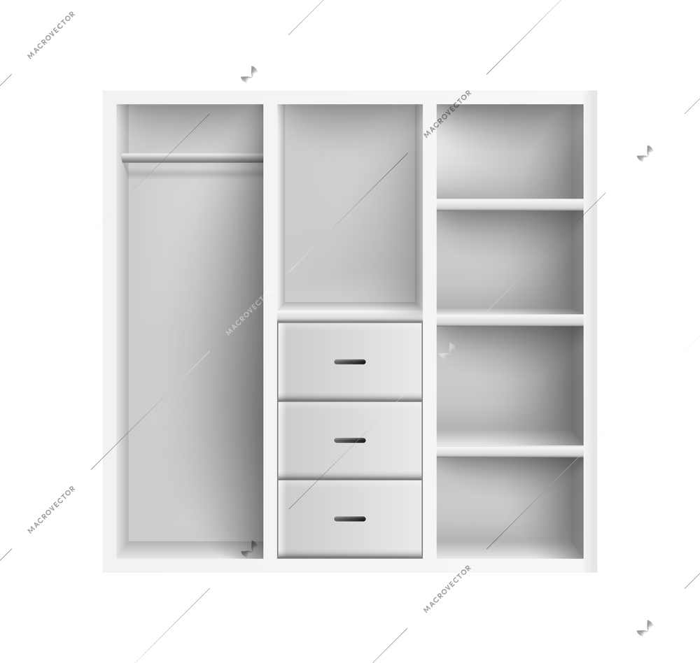 Realistic empty white wardrobe with drawers and shelves vector illustration