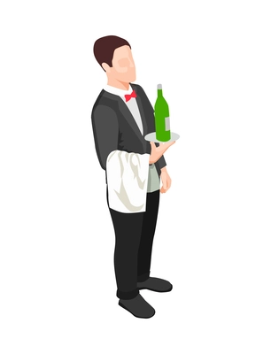 Male waiter with bottle on tray isometric icon vector illustration