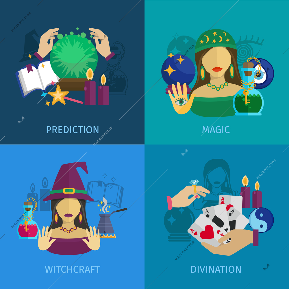 Fortune teller design concept set with magic prediction witchcraft and divination flat icons isolated vector illustration