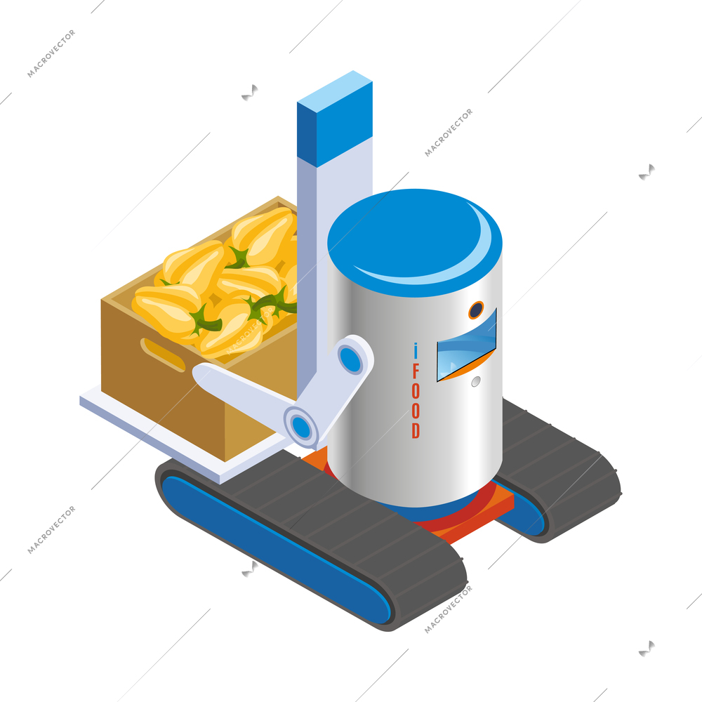 Isometric robotic restaurant industry icon with robot worker carrying box with fresh vegetables vector illustration