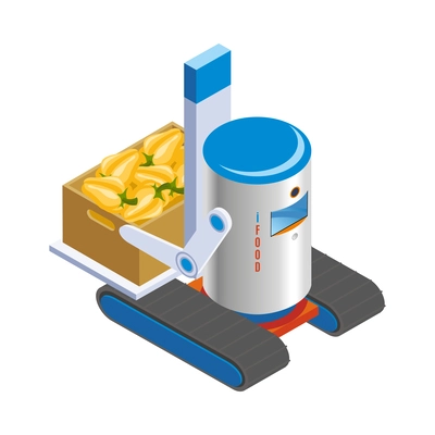 Isometric robotic restaurant industry icon with robot worker carrying box with fresh vegetables vector illustration