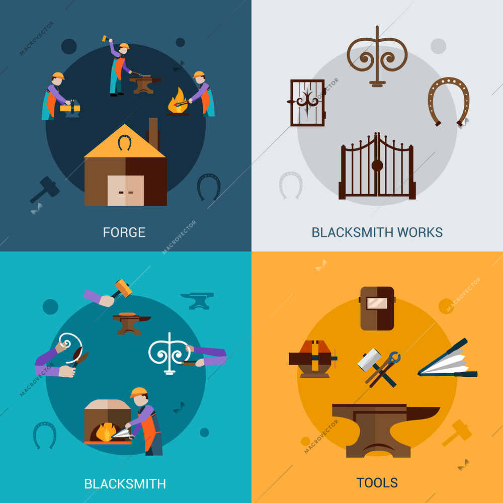 Blacksmith work design concept set with forging tools flat icons isolated vector illustration