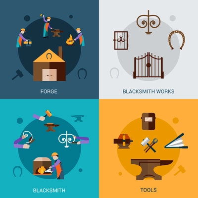 Blacksmith work design concept set with forging tools flat icons isolated vector illustration