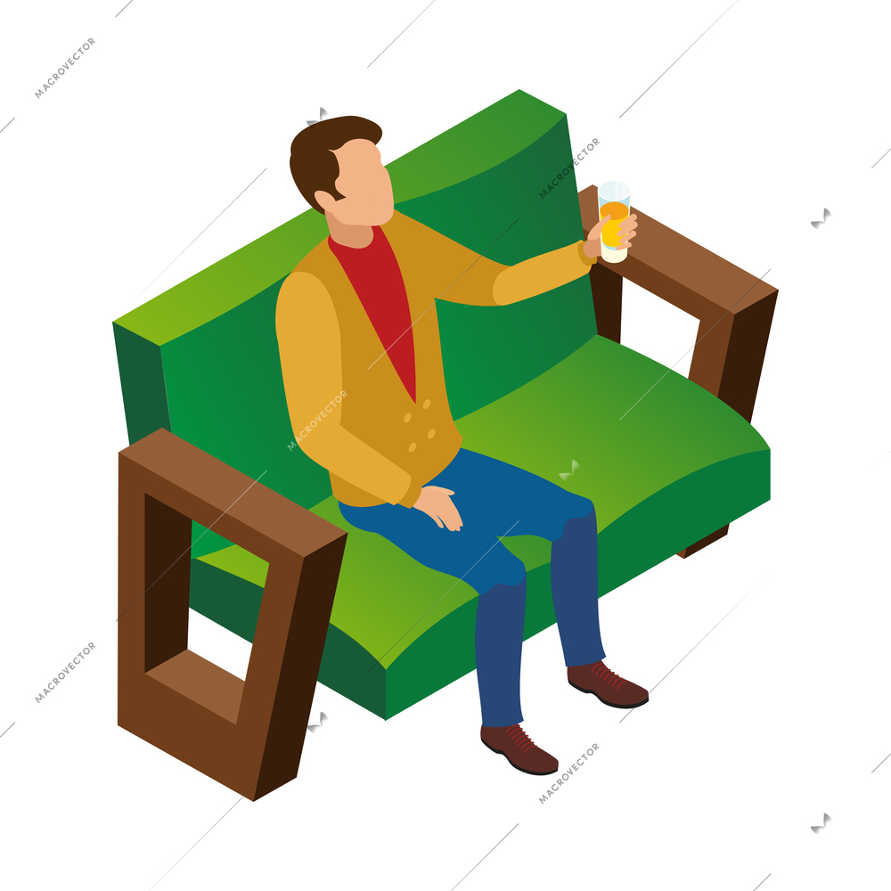 Man drinking juice sitting on green sofa at cafe isometric icon vector illustration