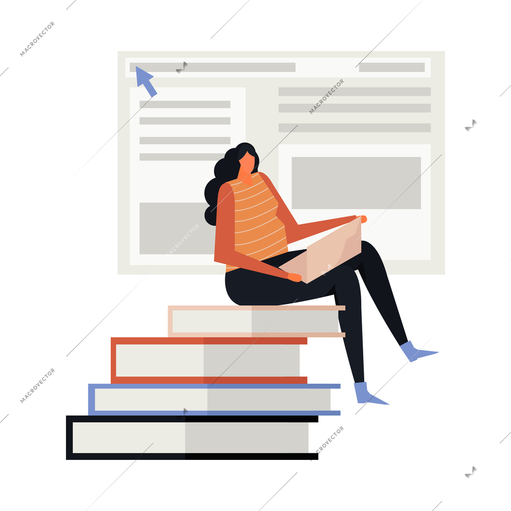 Online education flat concept with woman studying on laptop sitting on stack of books vector illustration