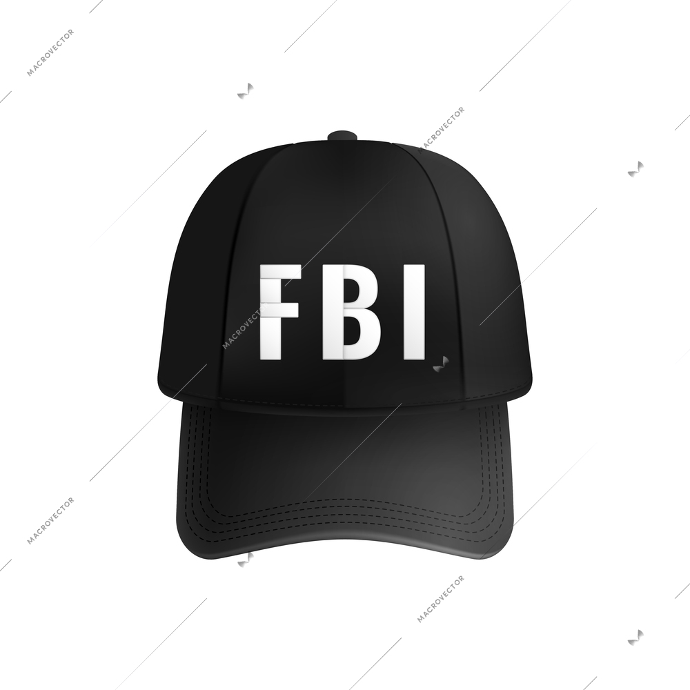 Black fbi uniform cap on white background realistic vector illustration