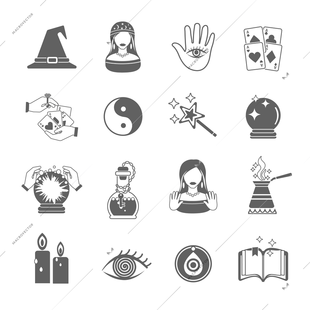 Fortune and future teller black icon set with magic symbols isolated vector illustration