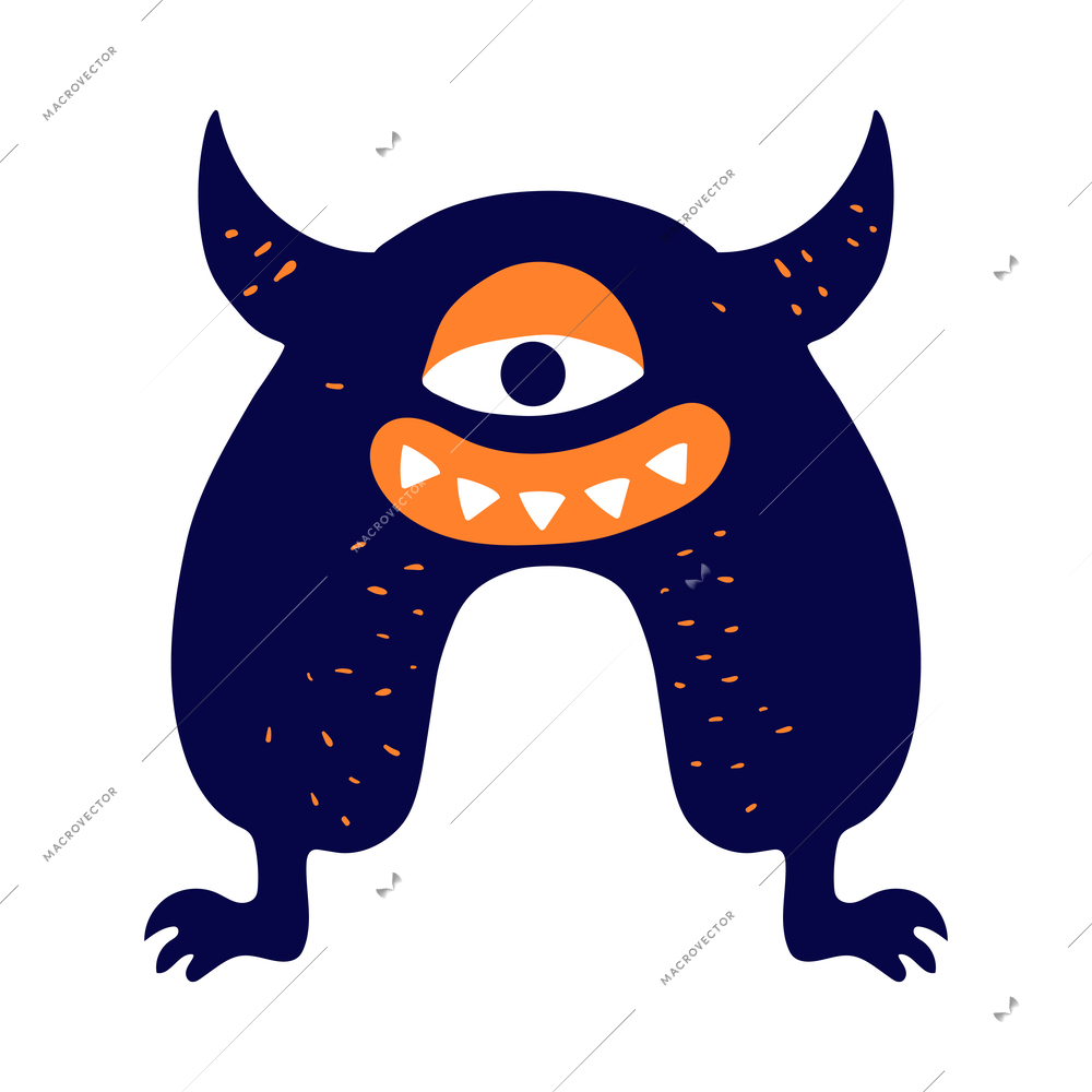 Flat funny cute blue and orange monster with big teeth vector illustration