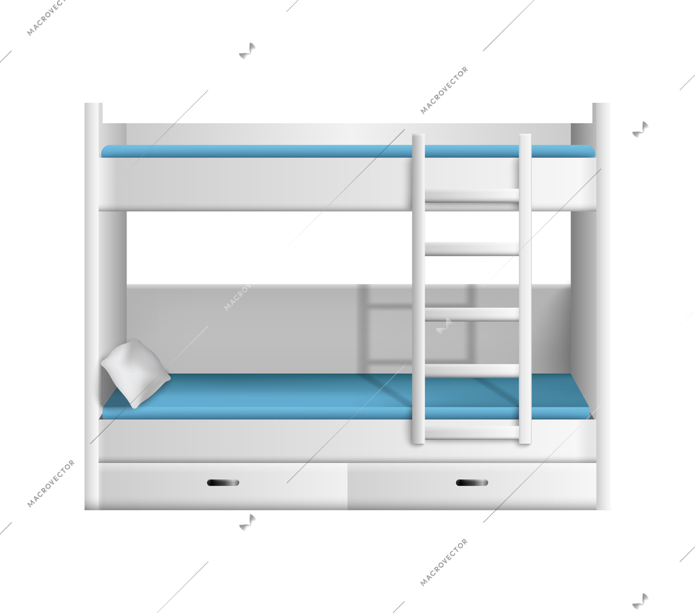 Realistic modern white bunk bed with pillow vector illustration