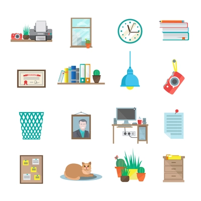 Workplace room icons set with table bookshelf supplies certificate isolated vector illustration