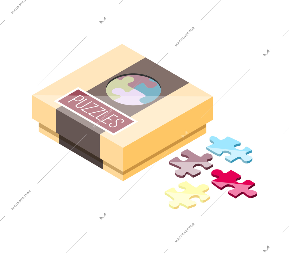 Puzzles game isometric icon with colorful pieces in box vector illustration