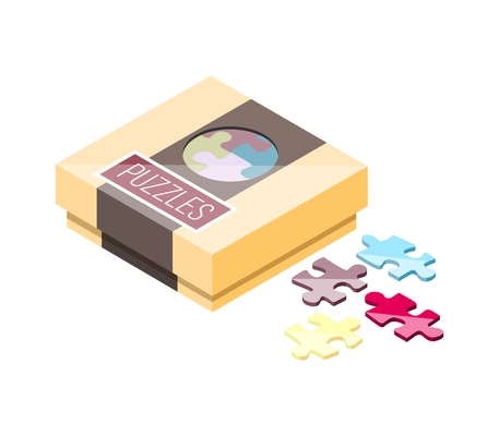 Puzzles game isometric icon with colorful pieces in box vector illustration