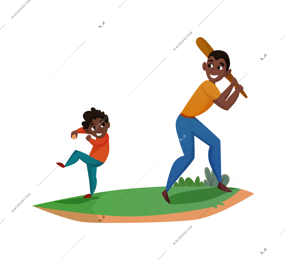 Fatherhood flat concept with dad playing baseball with son vector illustration