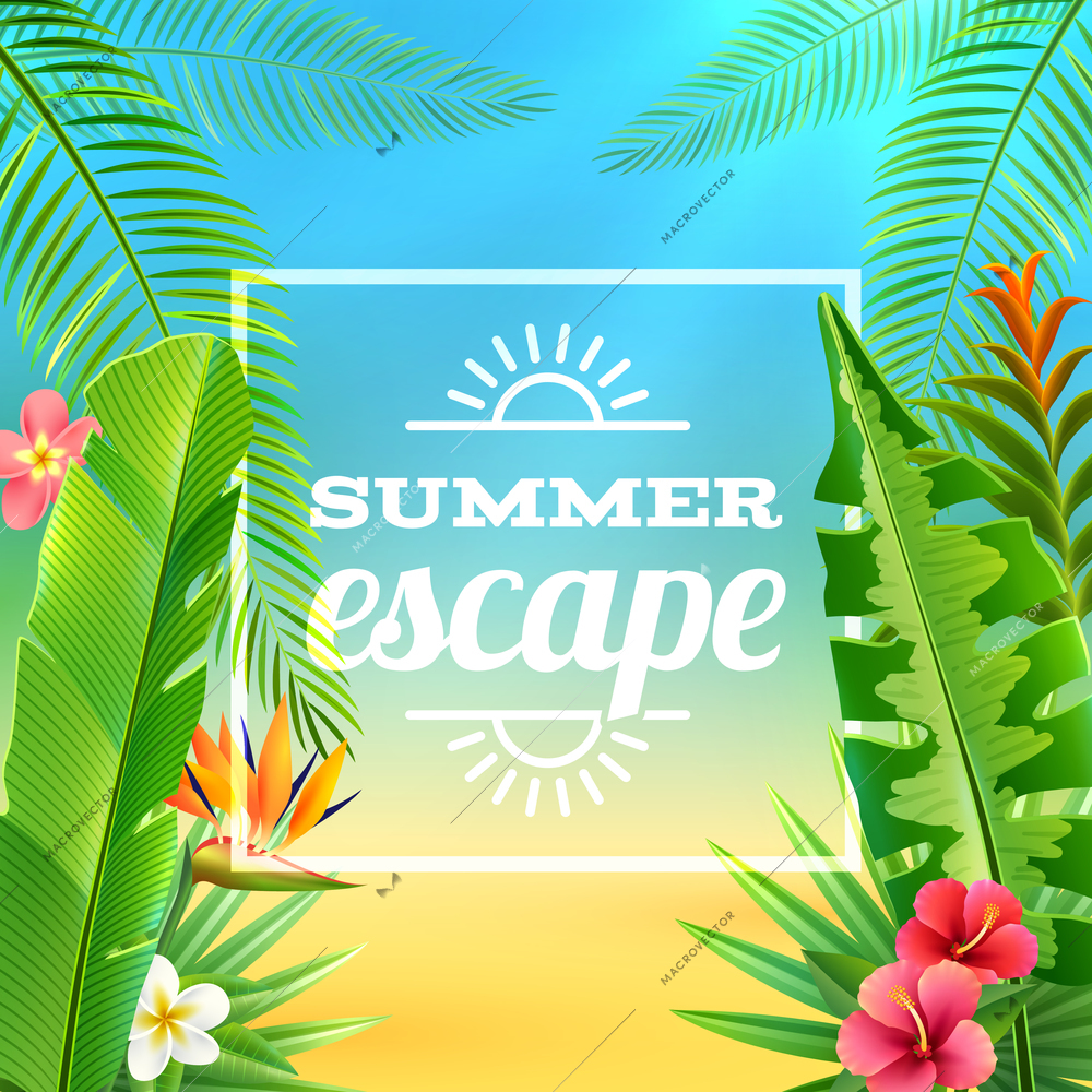 Tropical plants background with exotic flowers and summer excape text vector illustration