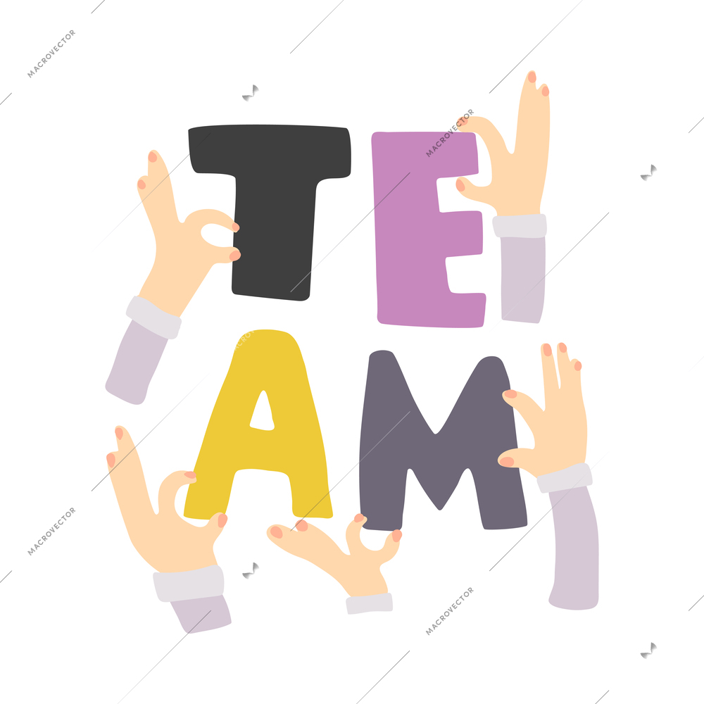 Teamwork collaboration for success flat concept with human hands holding team letters vector illustration