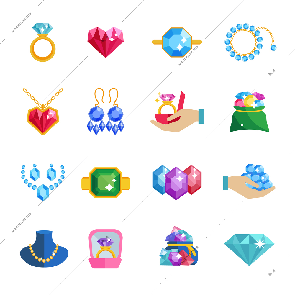 Precious jewels beautiful luxury accessories and adornments icons flat set isolated vector illustration