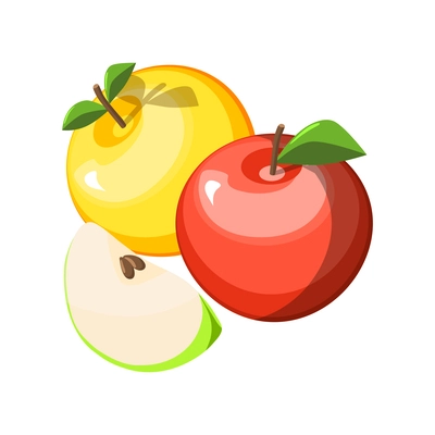 Fresh whole and sliced yellow red and green apples isometric icon vector illustration