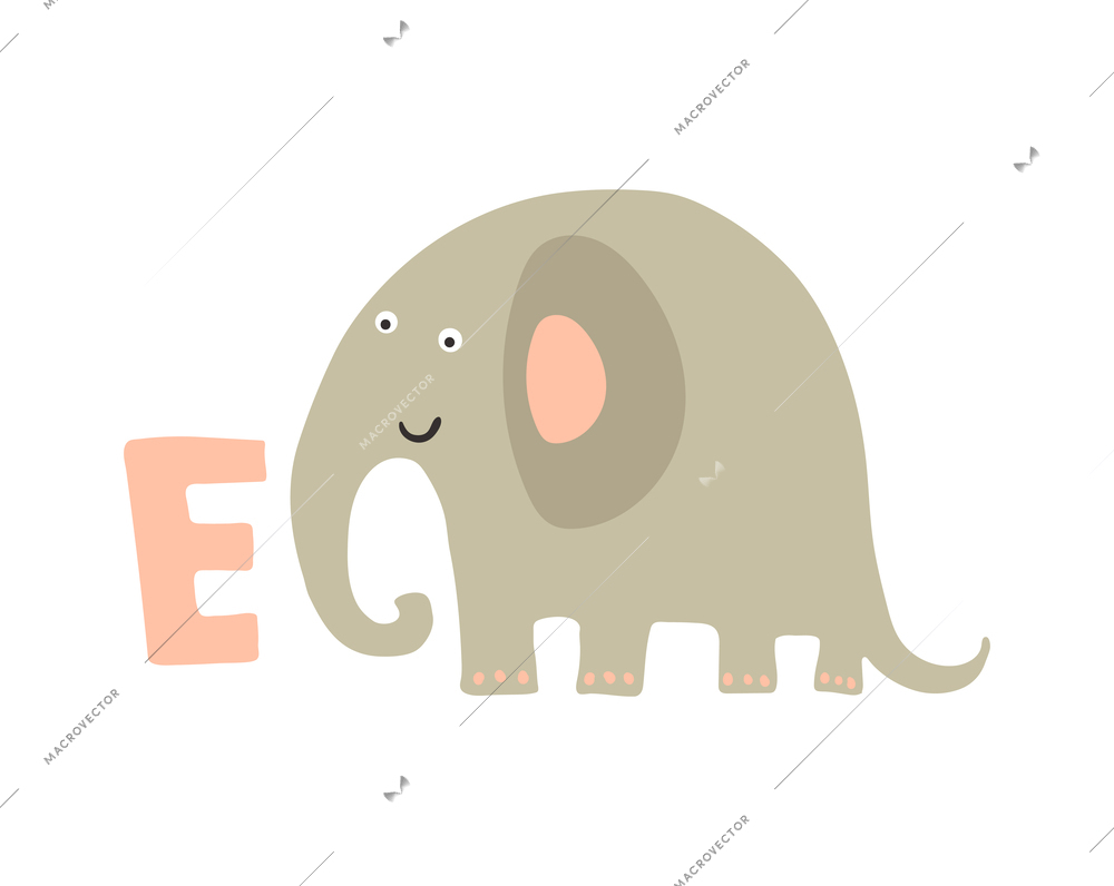 Children alphabet cute animal letter e for elephant flat vector illustration