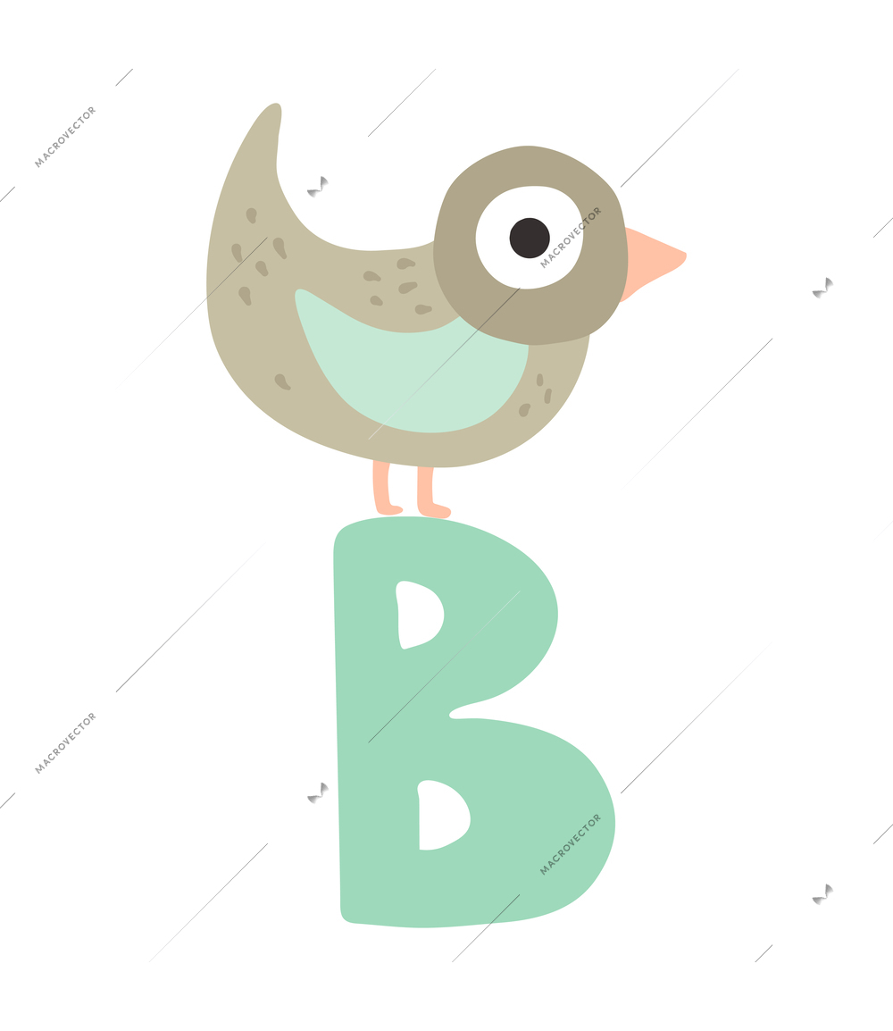 Children alphabet cute animal letter b for bird flat vector illustration