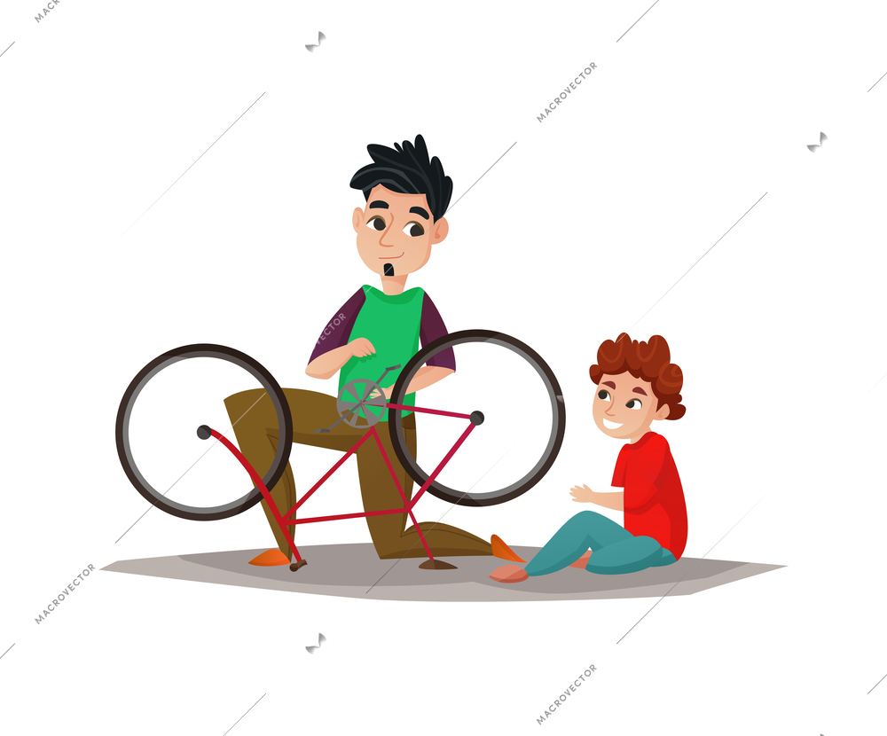 Fatherhood flat concept with young dad fixing bicycle for little son vector illustration