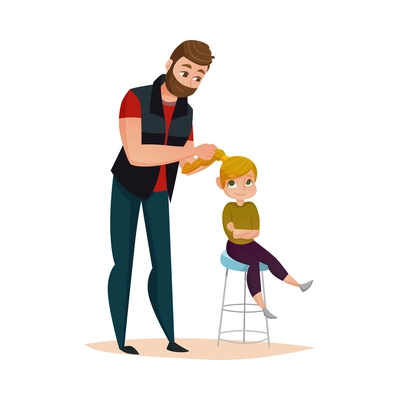 Happy fatherhood flat concept with dad doing hair of his little daughter vector illustration